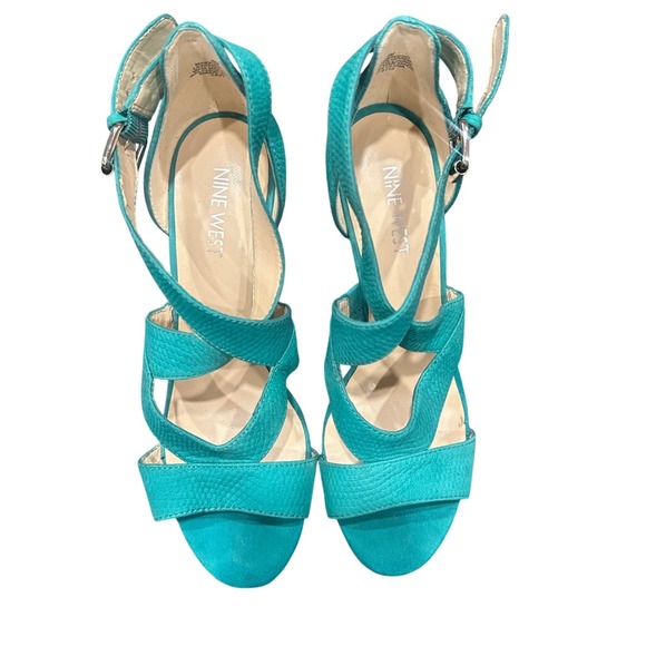 Nine West Shoes - Nine West Teal Leather Strappy Stiletto Sandals Wood  Heel Womens 6M Open Toe
